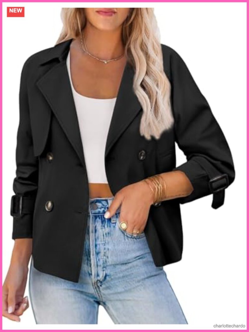 Womens Cropped Trench Coat Double Breasted Short Jacket with Pockets